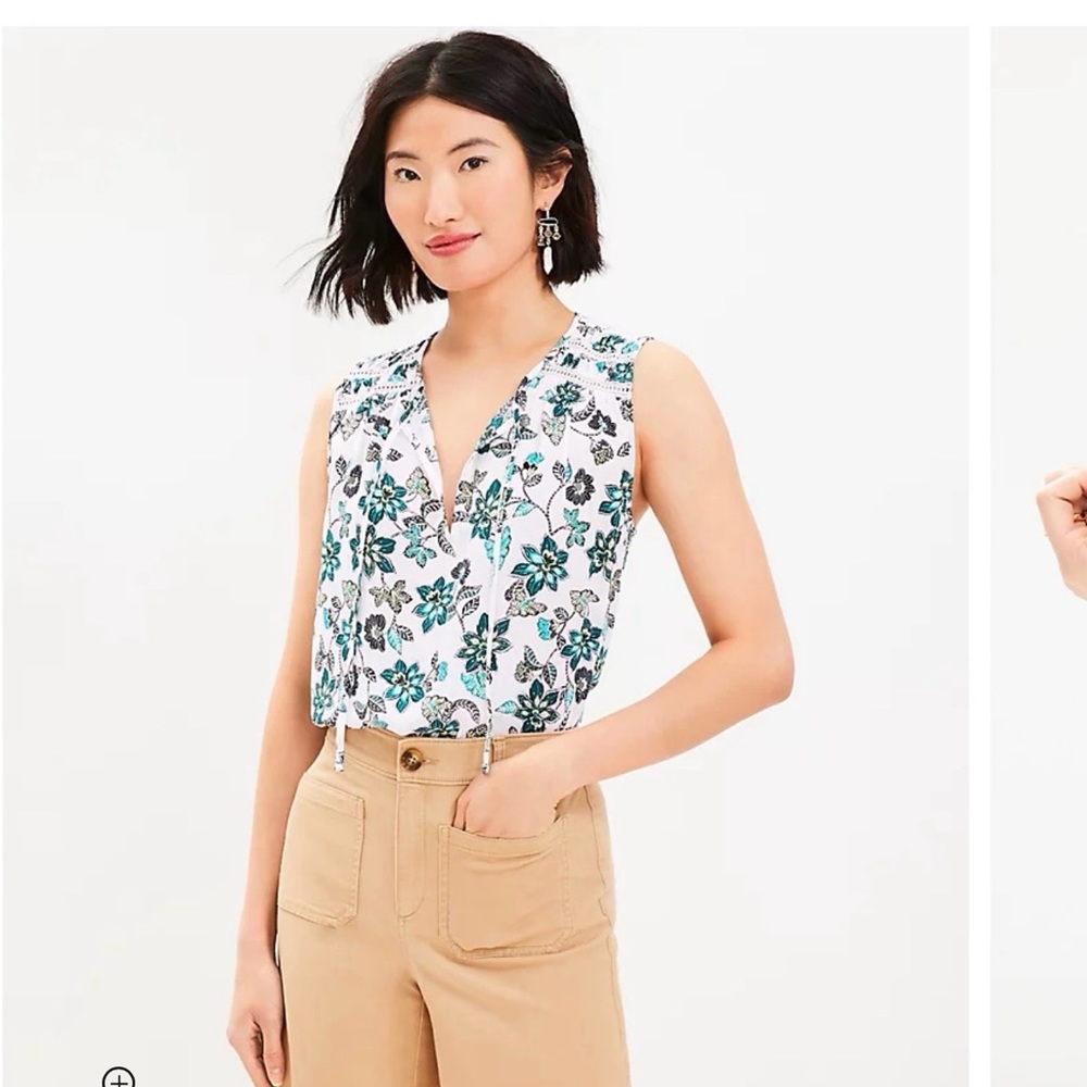 NWT LOFT  Hibiscus Tie Neck Mixed Media Shell Top